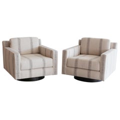 Black Linen Striped Milo Baughman Style Chairs