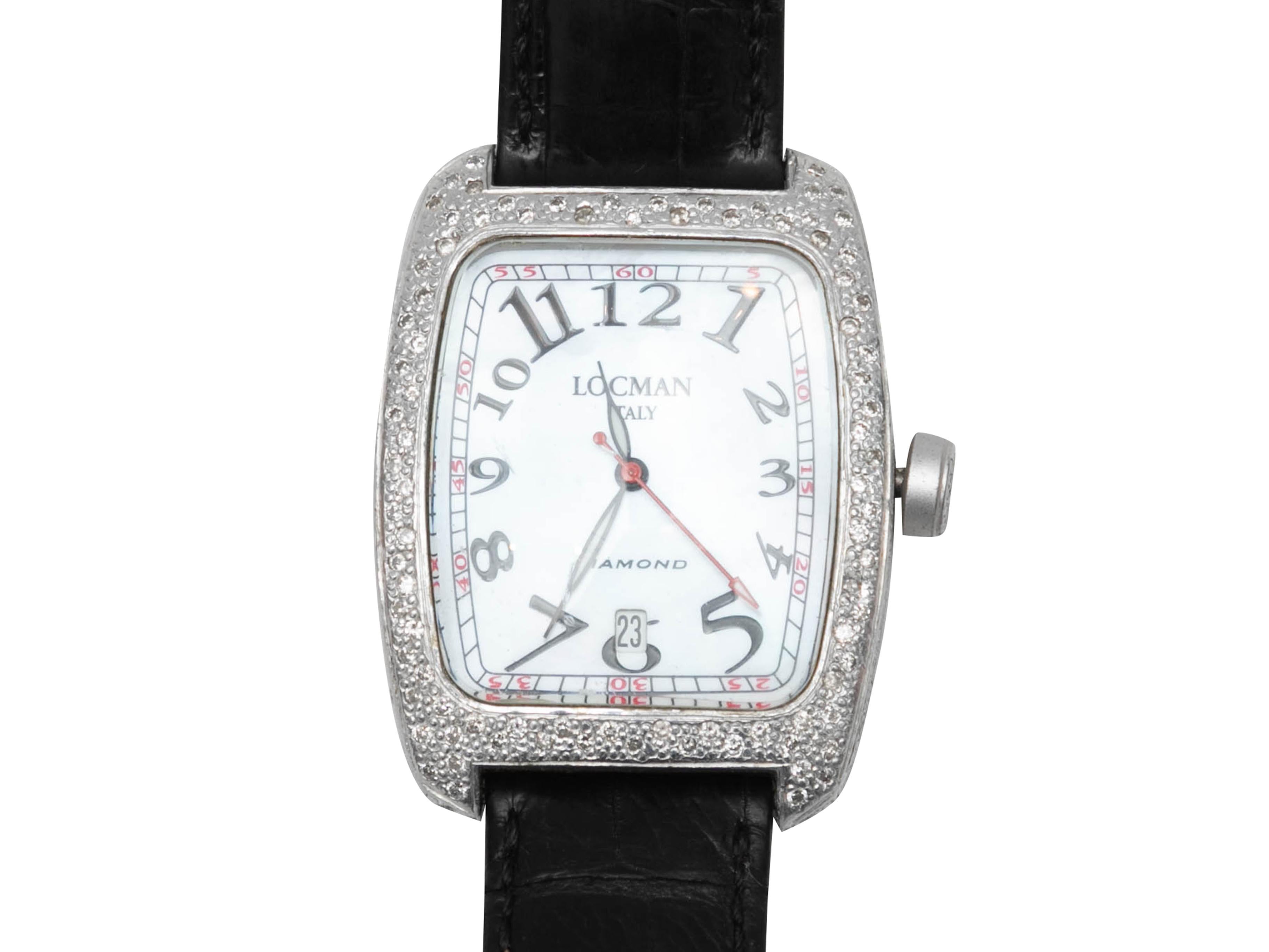 Black alligator and diamond aluminum watch by Locman. Pave diamond embellishments at watch face. Buckle closure. 0.5