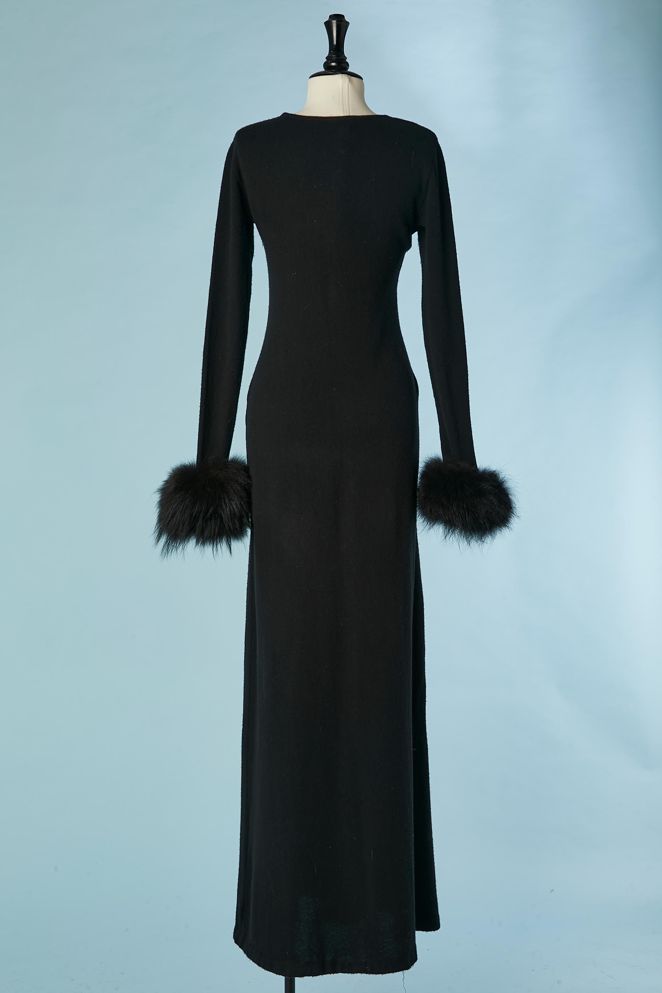 Women's Black long cashmere knit dress with furs cuffs Ralph Lauren