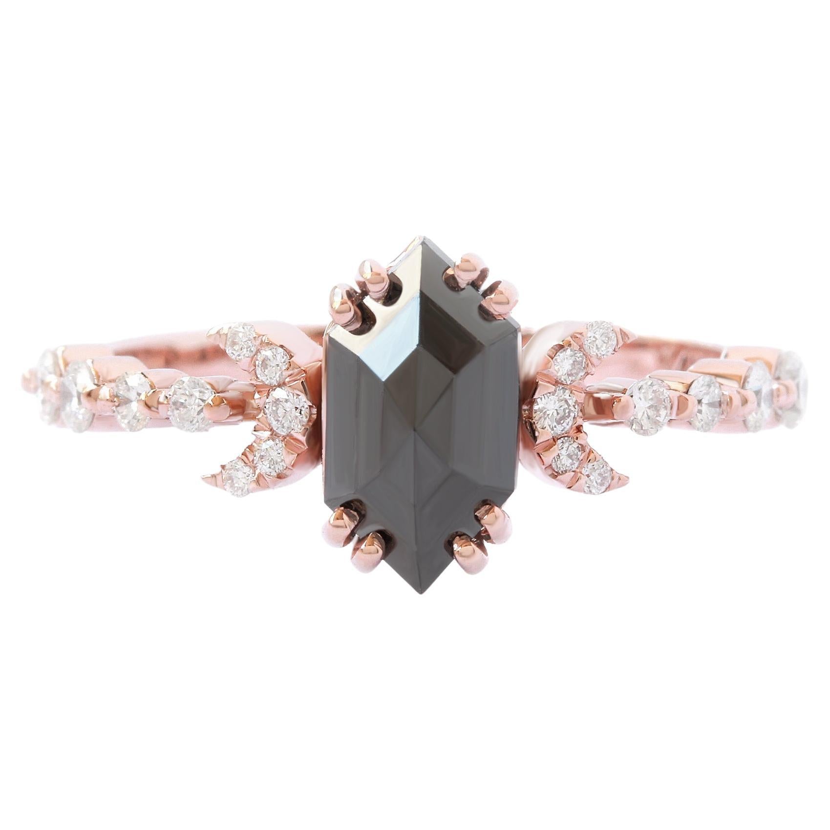 Bague de fiançailles céleste alternative en or rose 14k avec diamant long hexagone noir