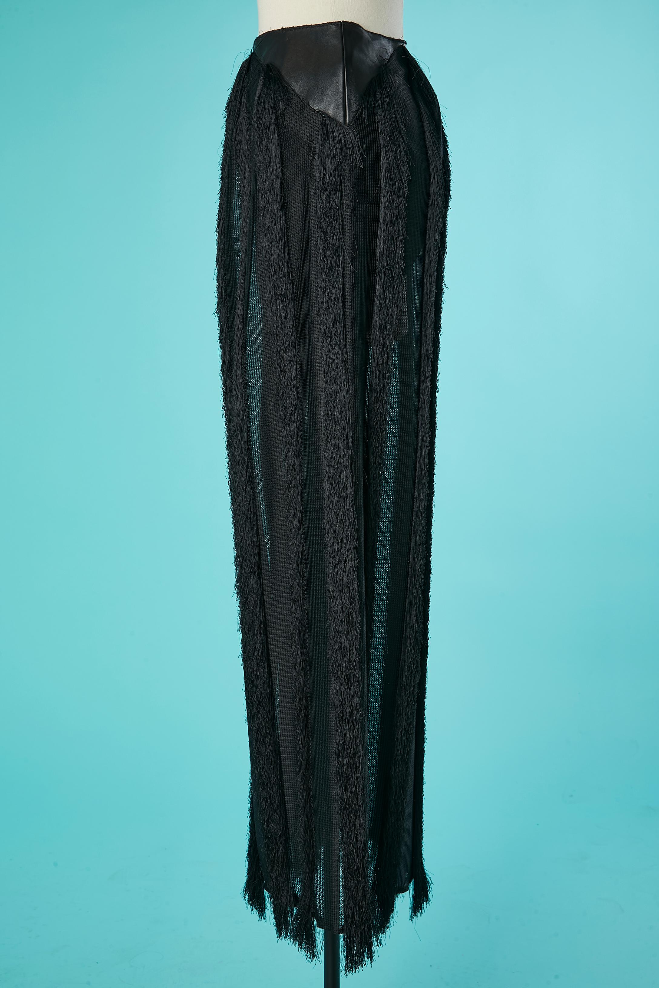 Women's Black long skirt made of leather, soft tulle and threads fringes Augustin Teboul For Sale