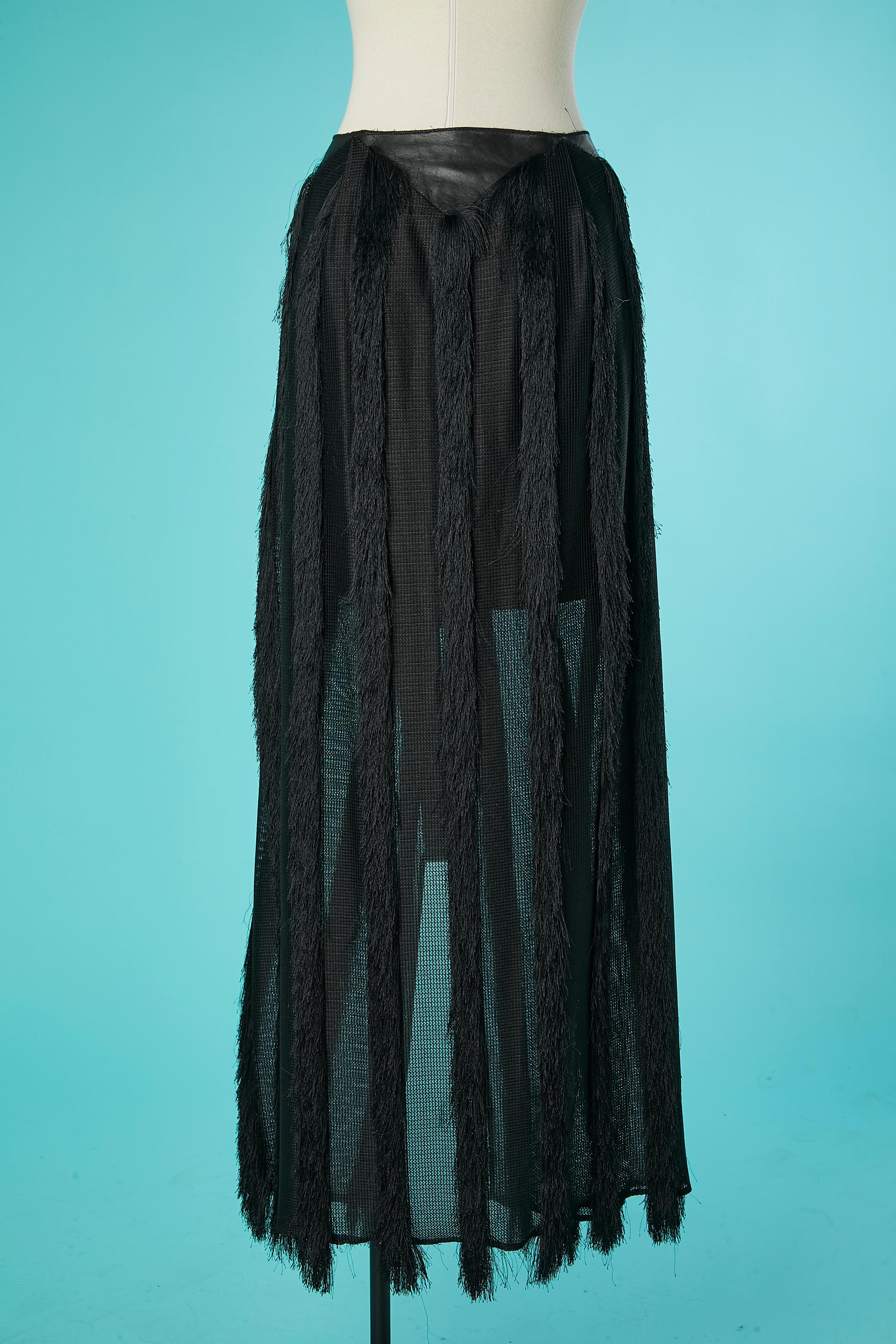 Black long skirt made of leather, soft tulle and threads fringes Augustin Teboul For Sale 1