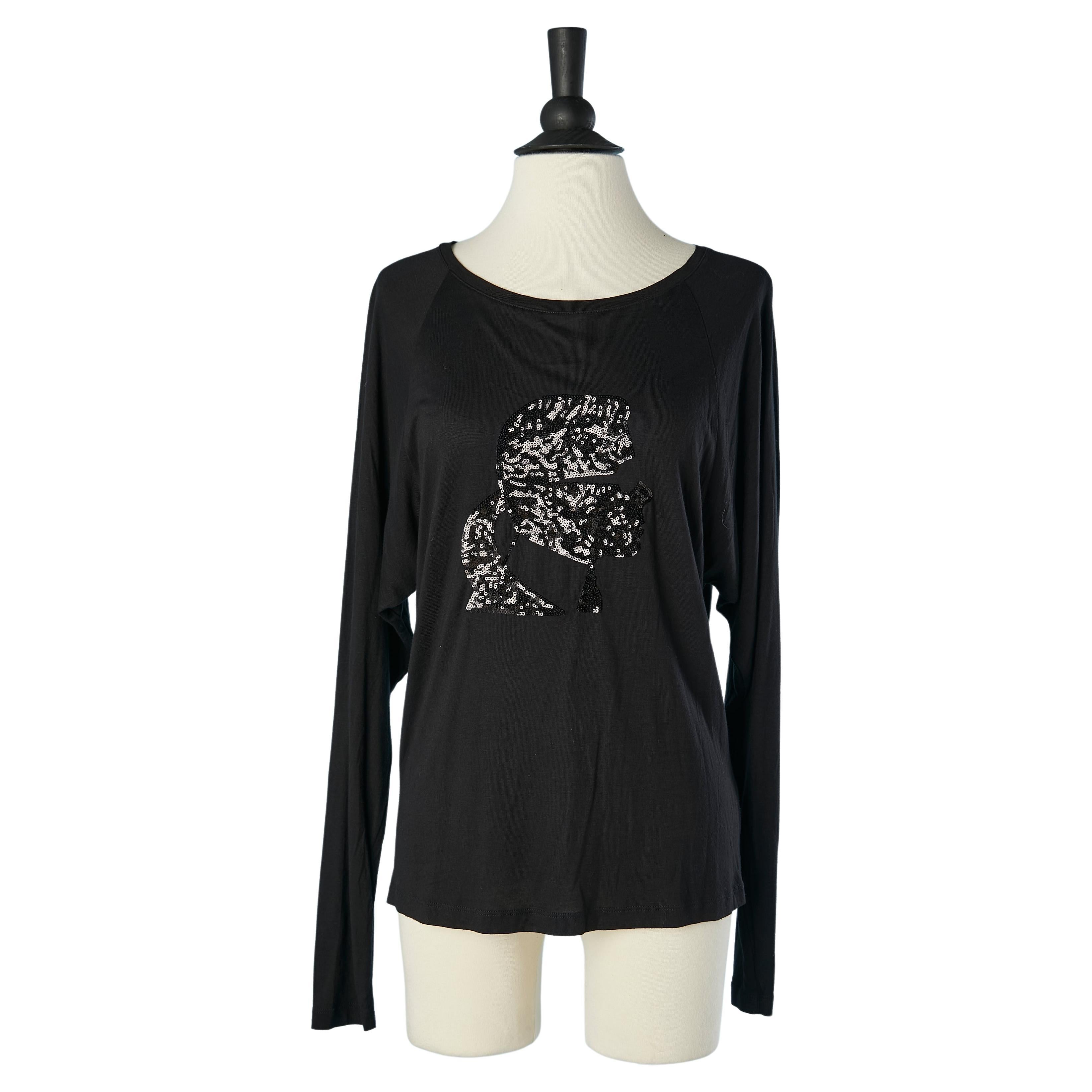 Black long sleeves tee-shirt with KL face in black sequins Karl Lagarfeld  For Sale