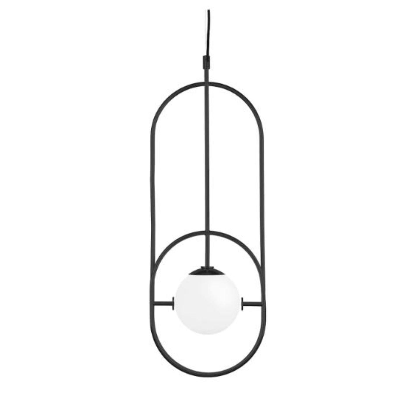 Black loop I suspension lamp by Dooq.
Dimensions: W 26.5 x D 15 x H 73 cm.
Materials: lacquered metal, polished or brushed metal.
Also available in different colours and materials. 

Information:
230V/50Hz
1 x max. G9
4W LED

120V/60Hz
1