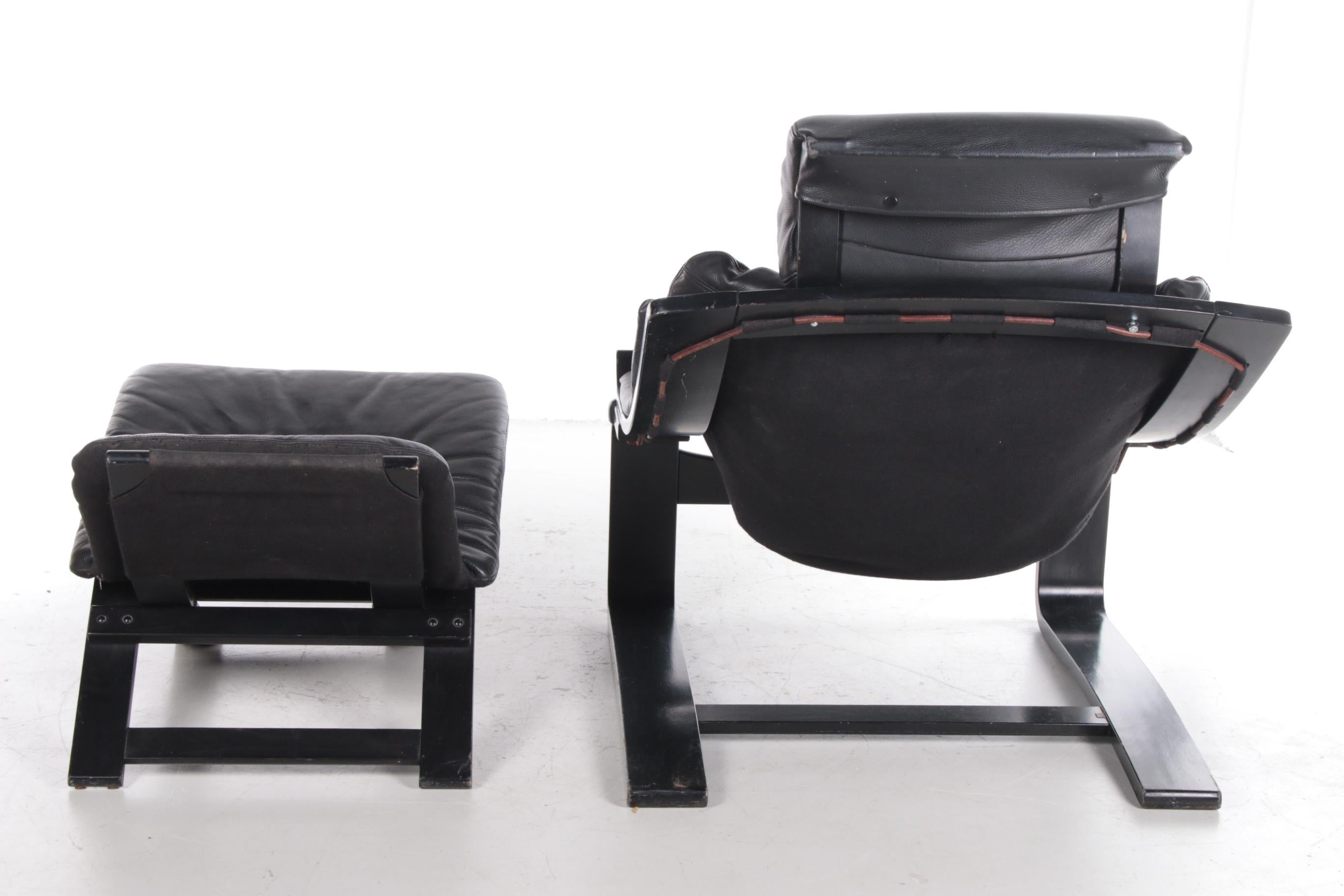 Leather Black Lounge Armchair and Footstool by Ake Fribytter for Nelo, Sweden