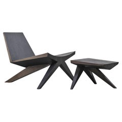 Black Lounge Chair with Ottoman in Iroko Wood, V-Easy Men by Arno Declercq