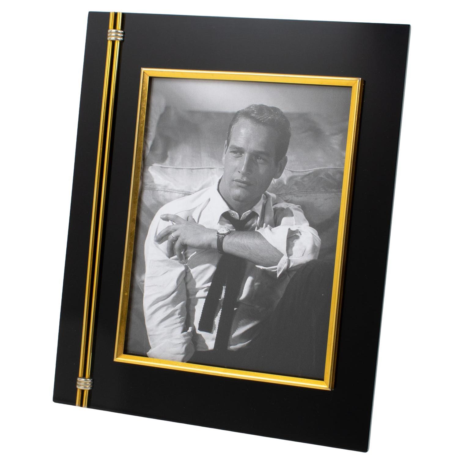 Black Lucite and Brass Decor Picture Frame, Italy 1970s