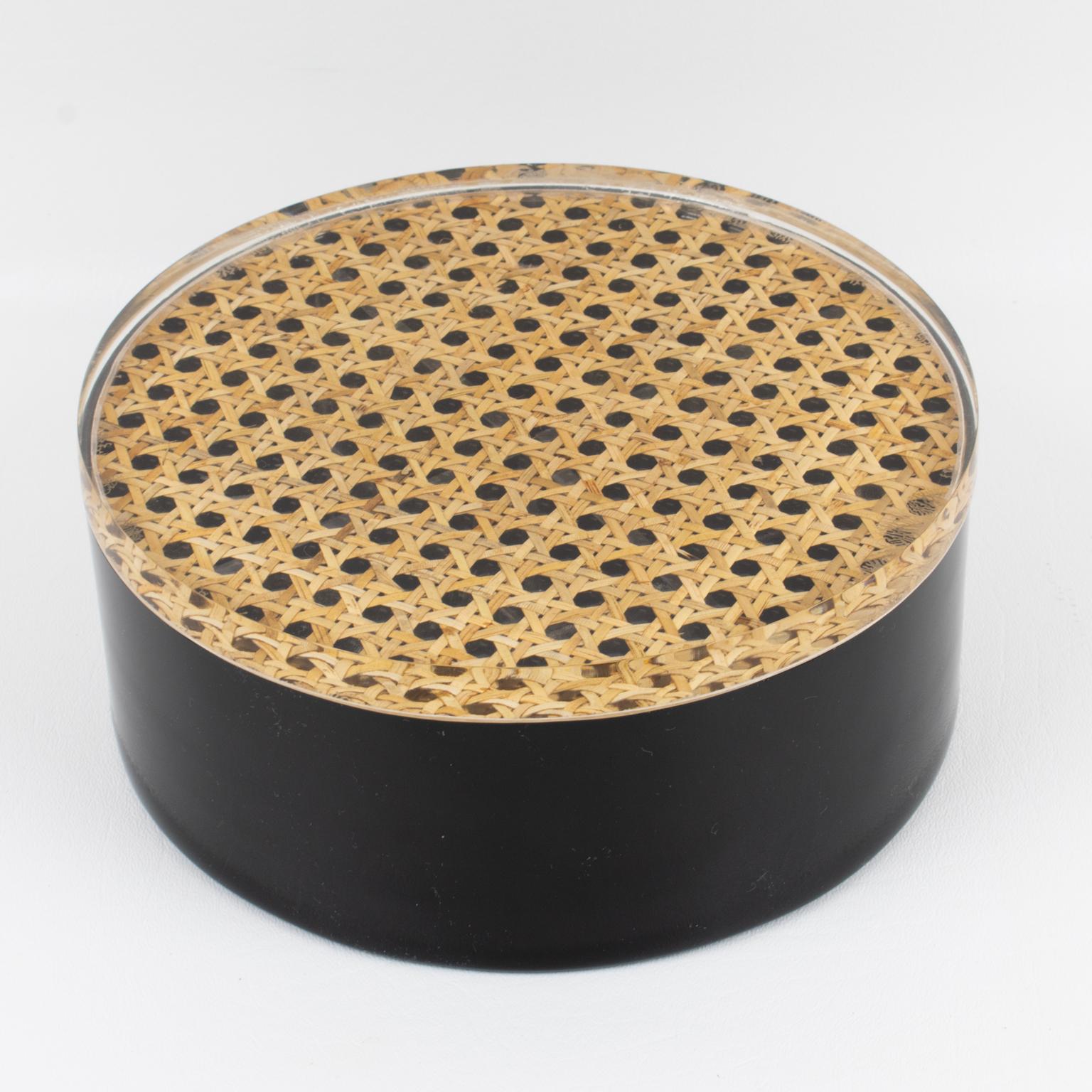 Caja de lucita negra y ratán, Italia Años 70 Moderno de mediados de siglo en venta