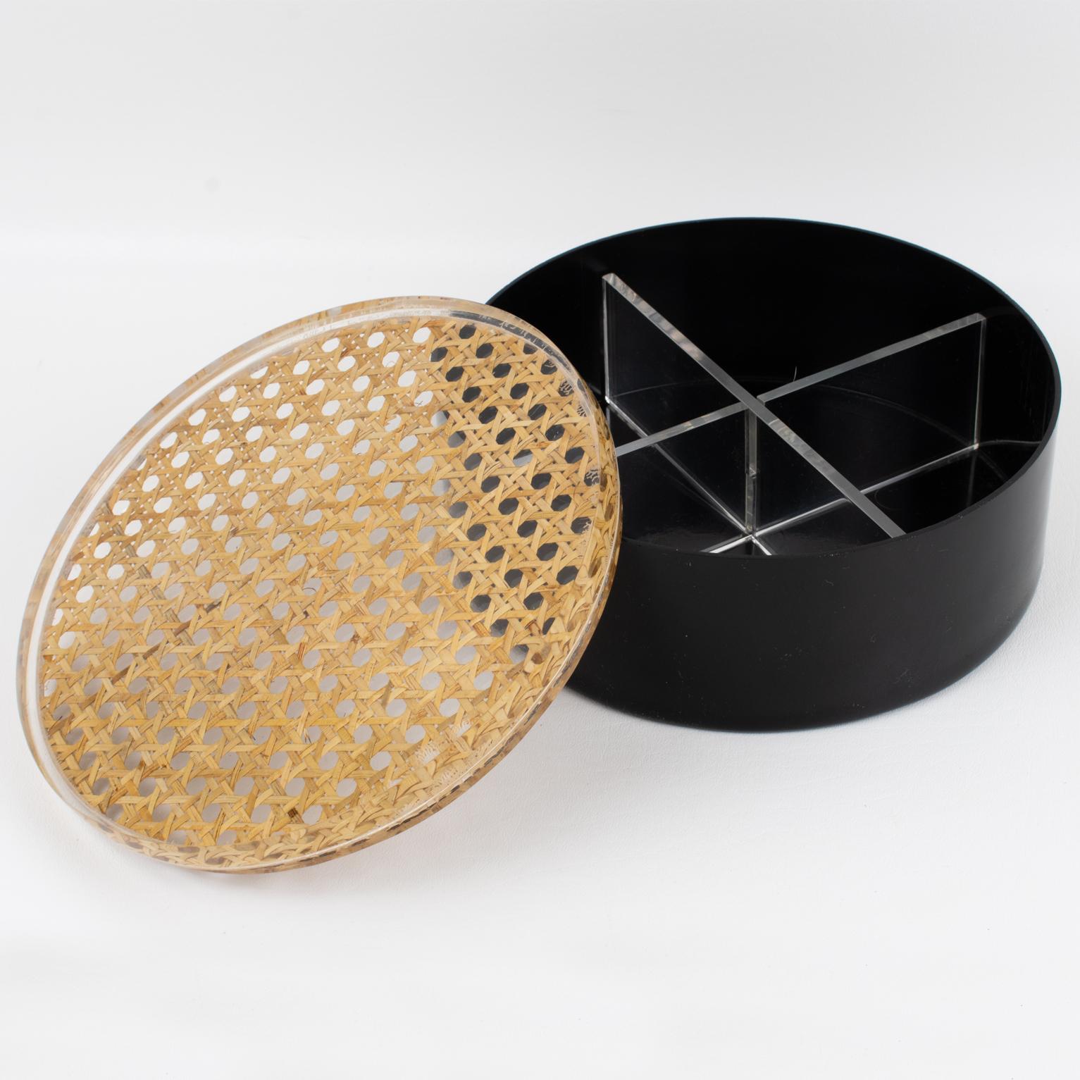Italian Black Lucite and Rattan Box, Italy 1970s For Sale