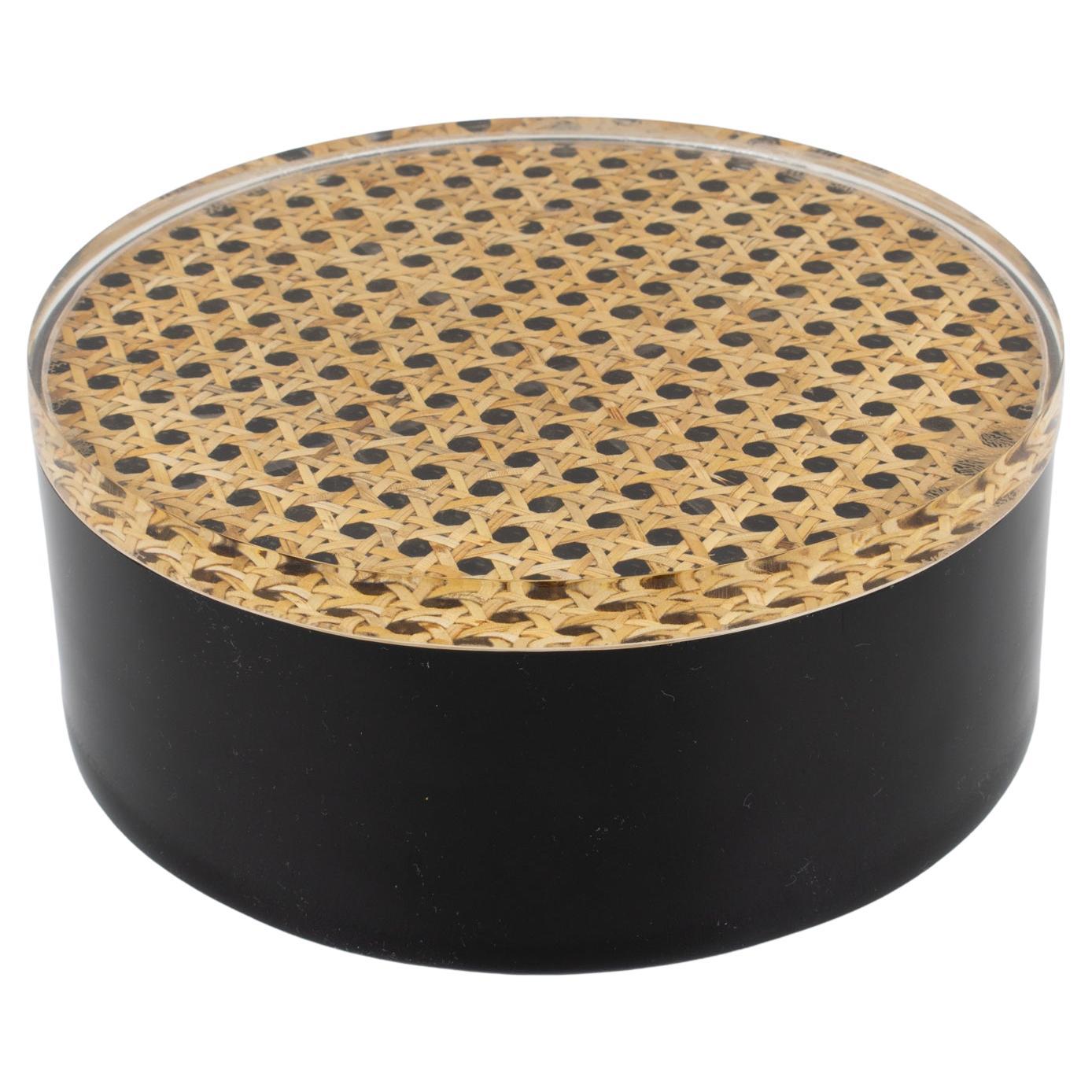 Black Lucite and Rattan Box, Italy 1970s For Sale