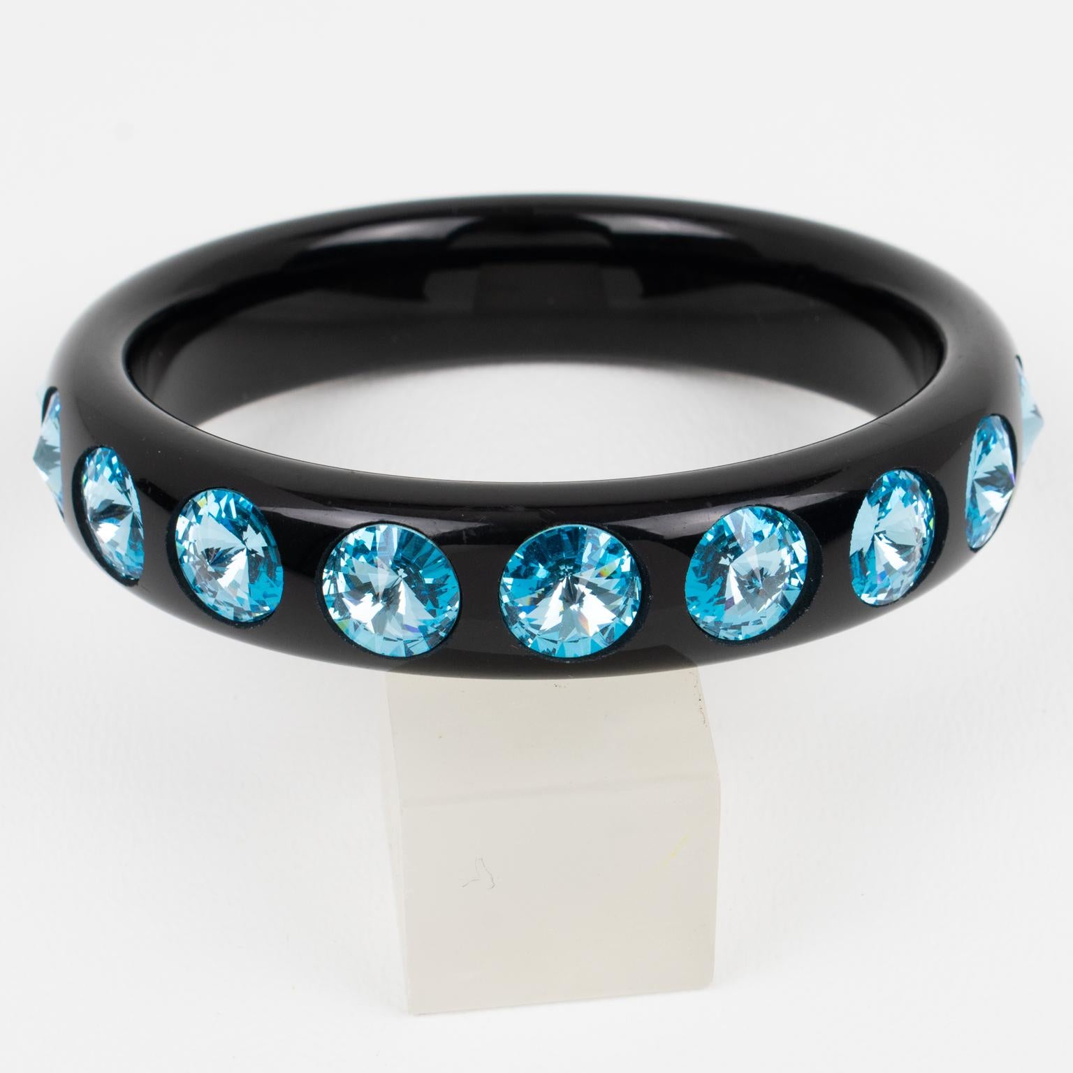Modern Black Lucite Bracelet Bangle with Baby Blue Crystal Rhinestones For Sale