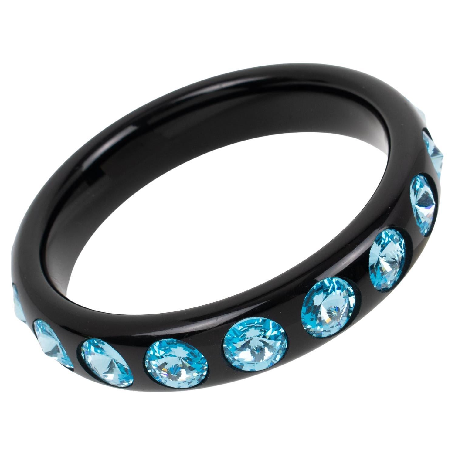 Black Lucite Bracelet Bangle with Baby Blue Crystal Rhinestones For Sale