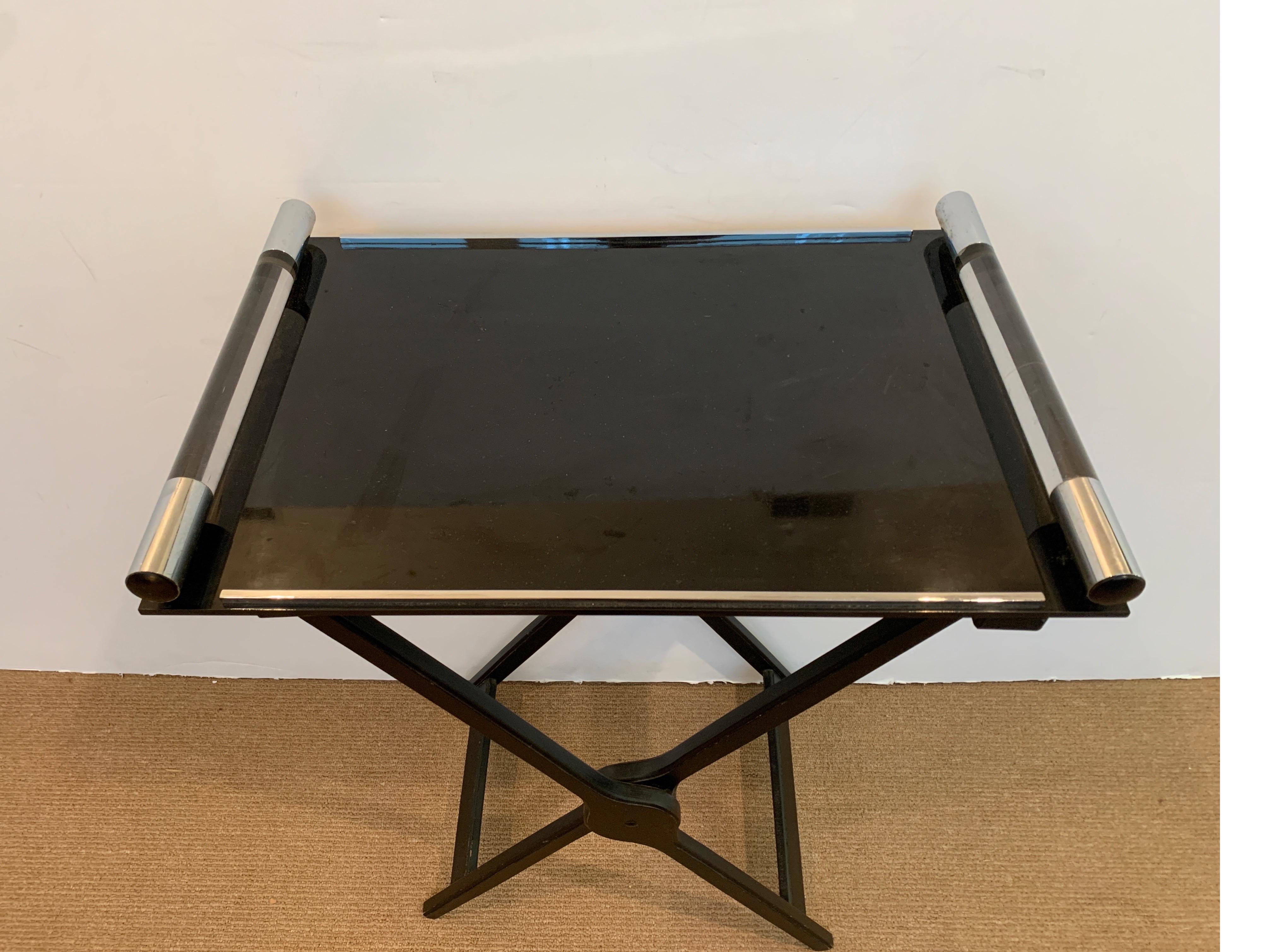 Mid-Century Modern Black Lucite Butlers Tray on Wooden Stand, 1970s
