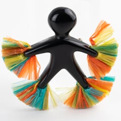 Black Lucite Carved Samba Dancer Figurine Brooch with Colorful Raffia