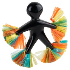 Black Lucite Carved Samba Dancer Figurine Brooch with Colorful Raffia