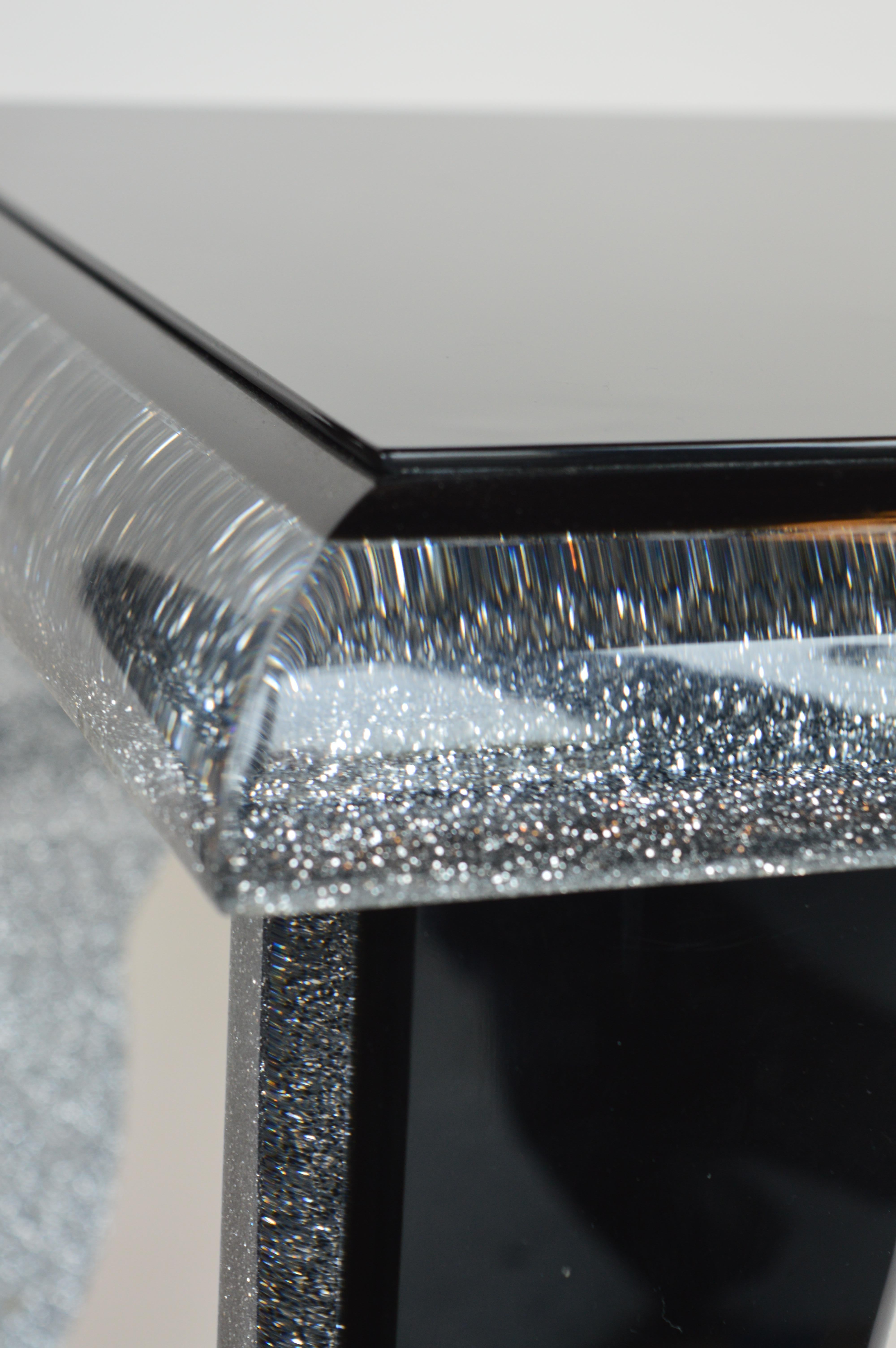 American Black Lucite Coffee Table with Silver Glitter