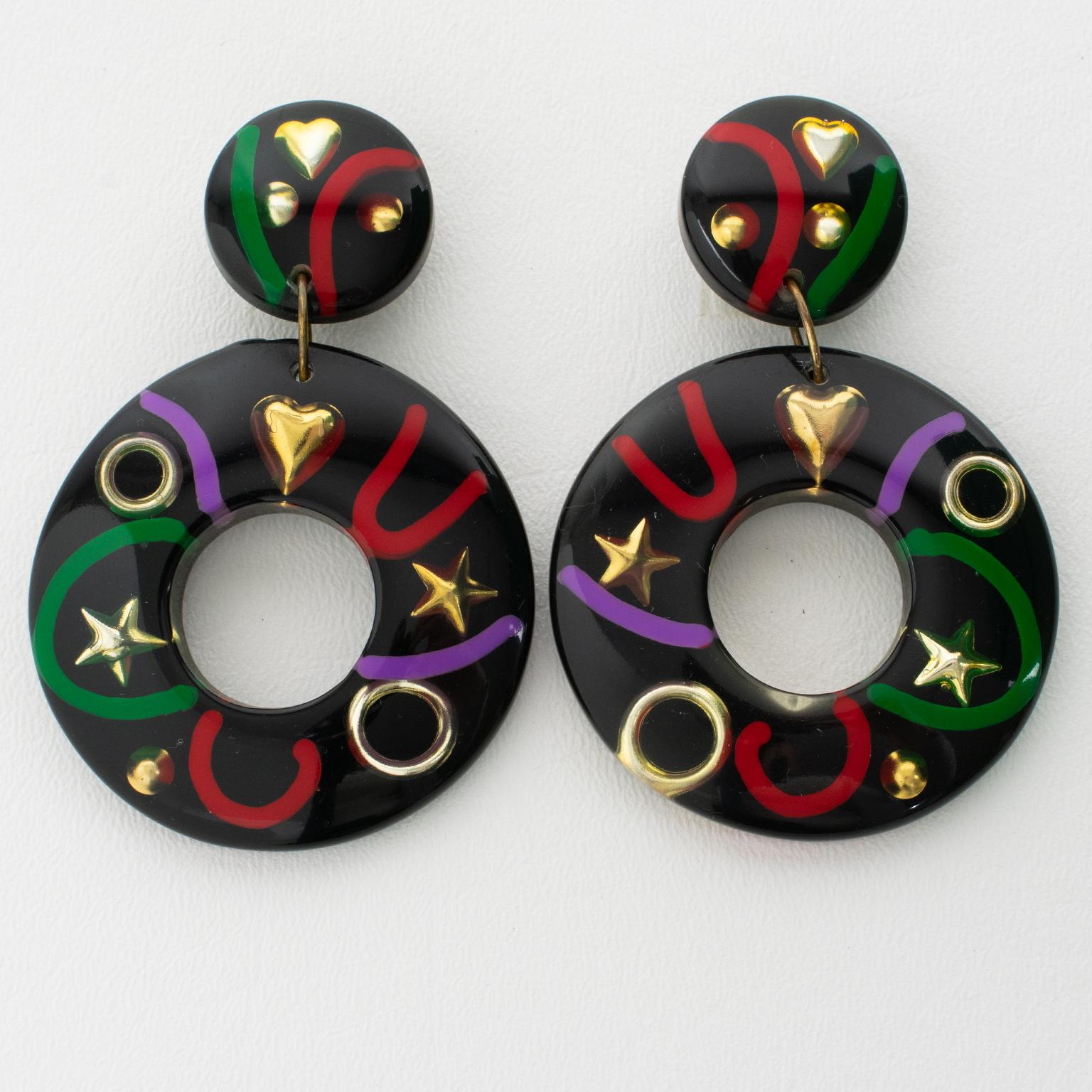 Modernist Black Lucite Dangle Clip Earrings with Multicolor Inclusions For Sale