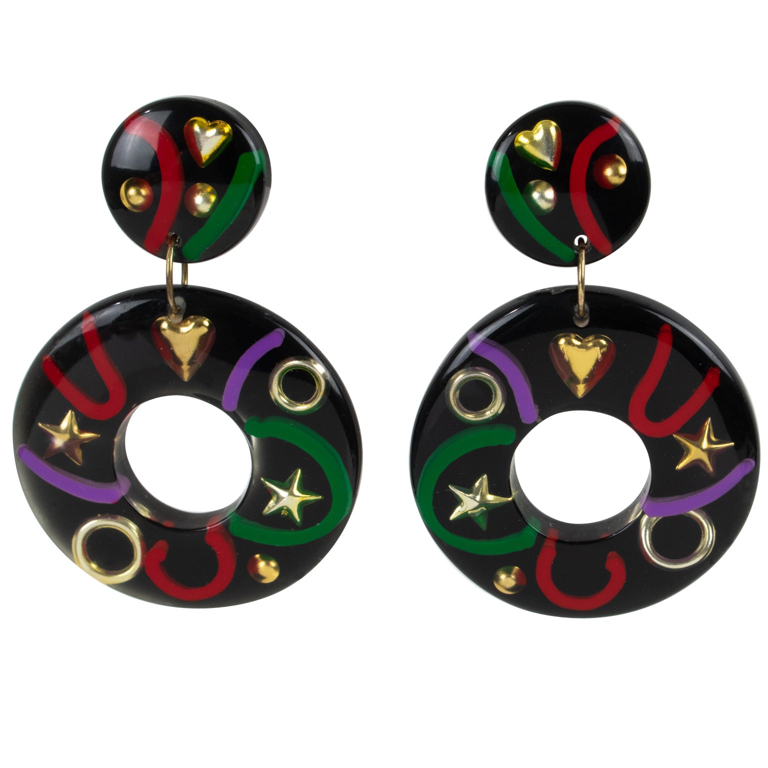 Black Lucite Dangle Clip Earrings with Multicolor Inclusions For Sale