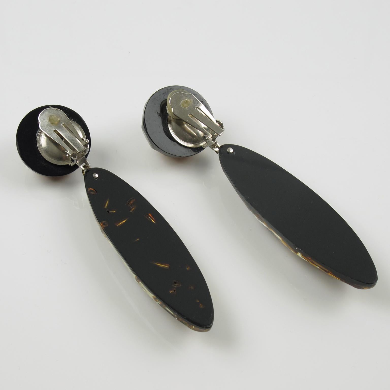 Black Lucite Drop Clip Earrings with Gilt Bead Inclusions In Excellent Condition In Atlanta, GA