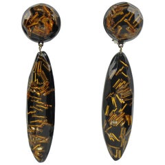 Black Lucite Drop Clip Earrings with Gilt Bead Inclusions