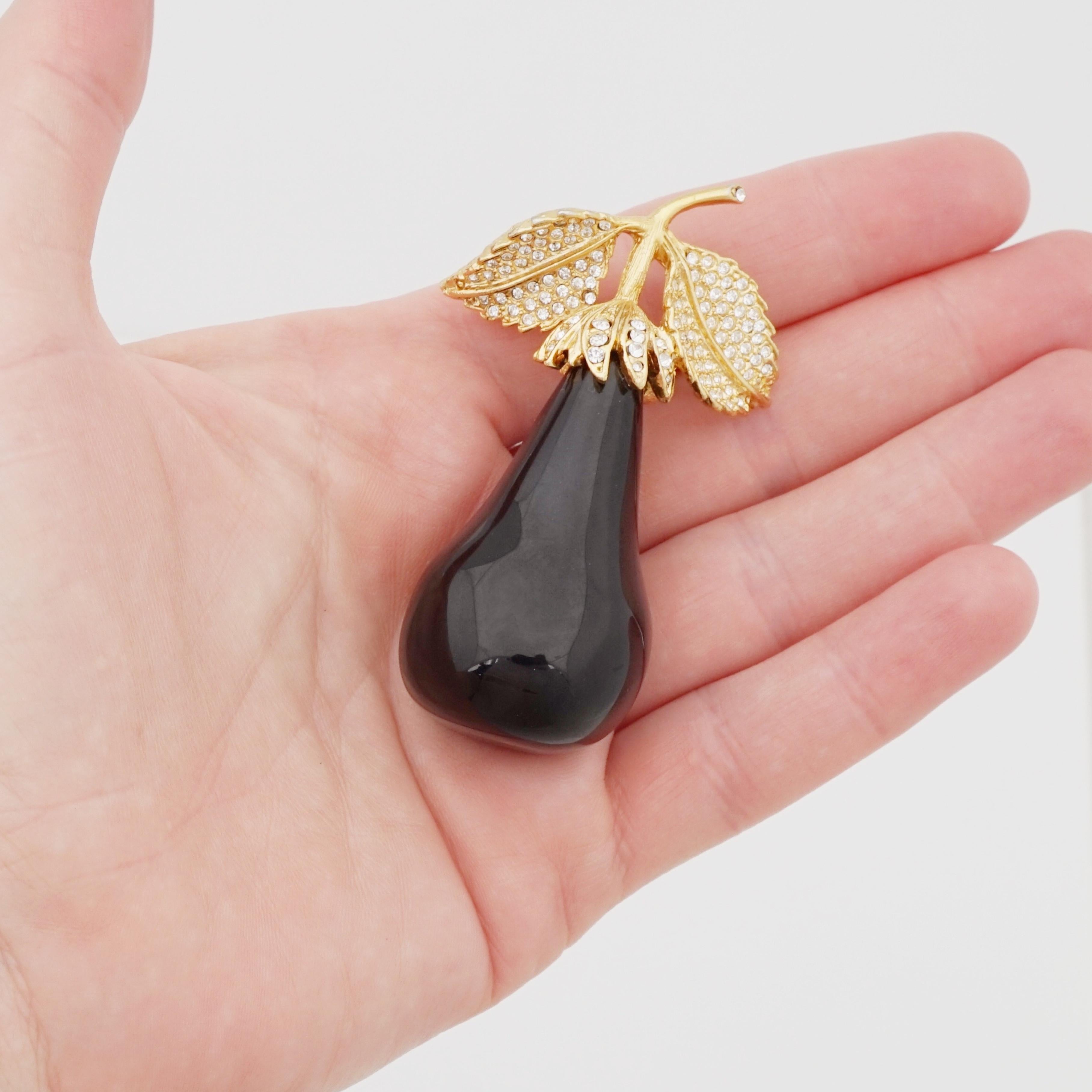 Black Lucite Pear Brooch With Rhinestone Details By Kenneth Jay Lane, 1990s In Good Condition For Sale In McKinney, TX