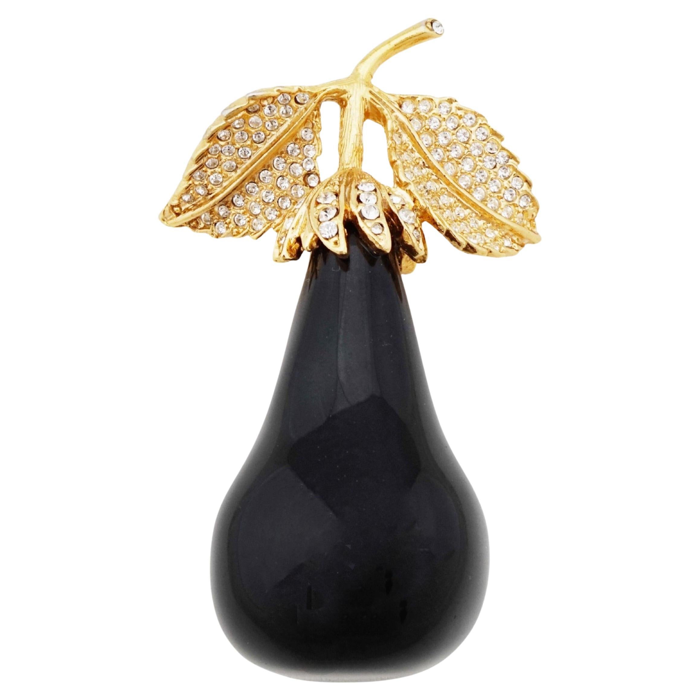 Black Lucite Pear Brooch With Rhinestone Details By Kenneth Jay Lane, 1990s