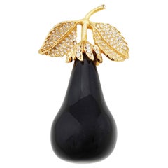 Black Lucite Pear Brooch With Rhinestone Details By Kenneth Jay Lane, 1990s