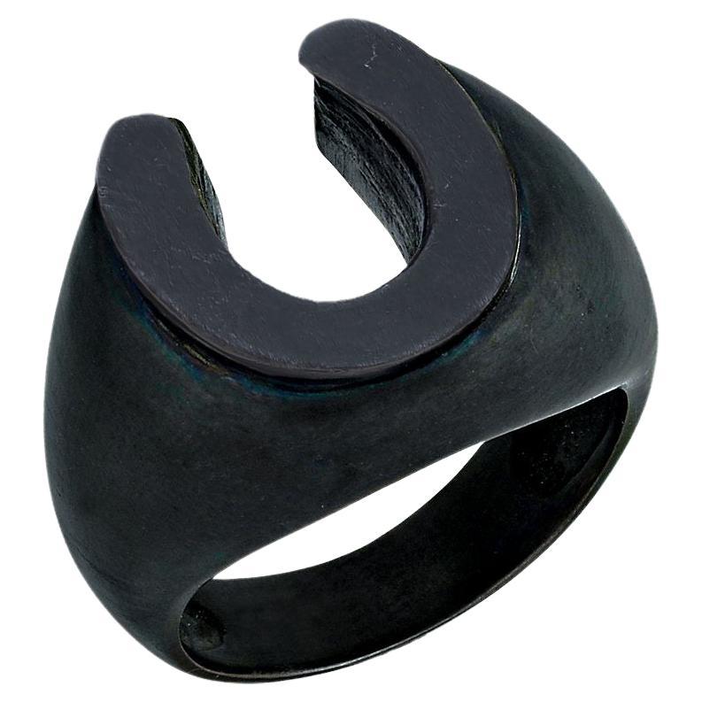 Handmade Horseshoe Oxidised Silver Luck Ring For Sale
