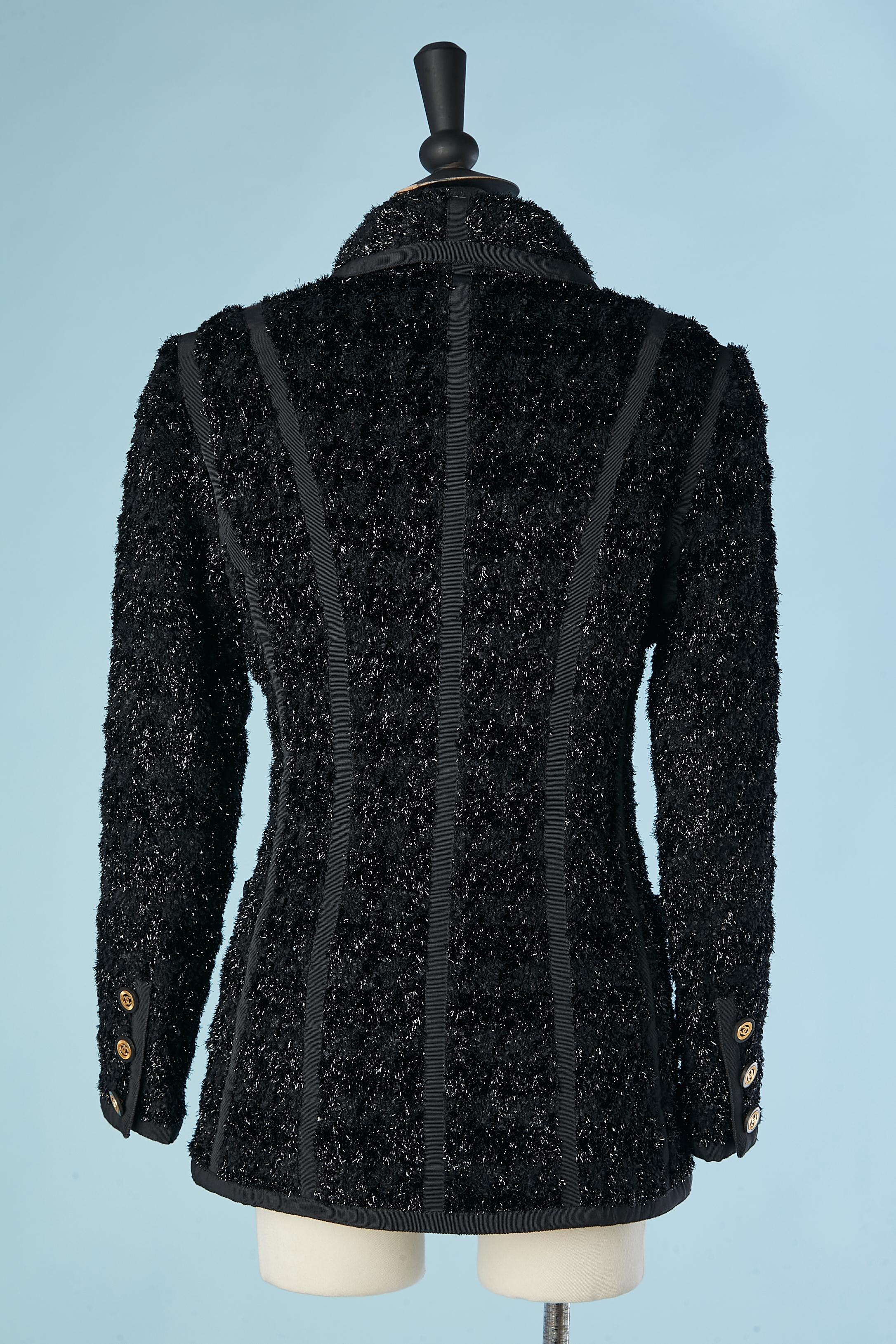 Black lurex tweed evening jacket with zip in the middle front Chanel Boutique  2