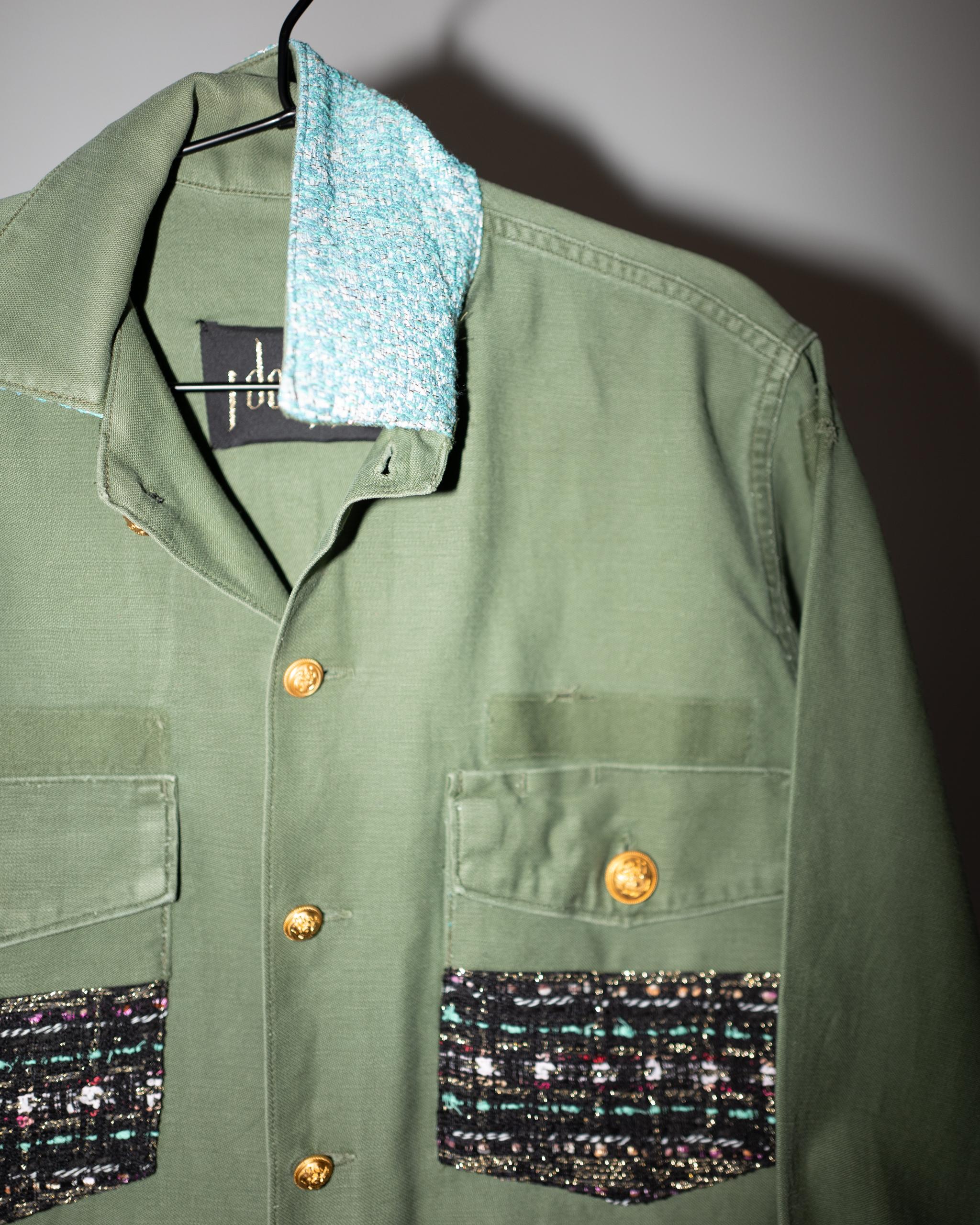 Vintage one of a kind distressed Green Military Jacket with French Black Lurex Tweed, Pastel Turquoise Green Lurex Collar Vintage Gold plated Brass Buttons from Paris around the 40