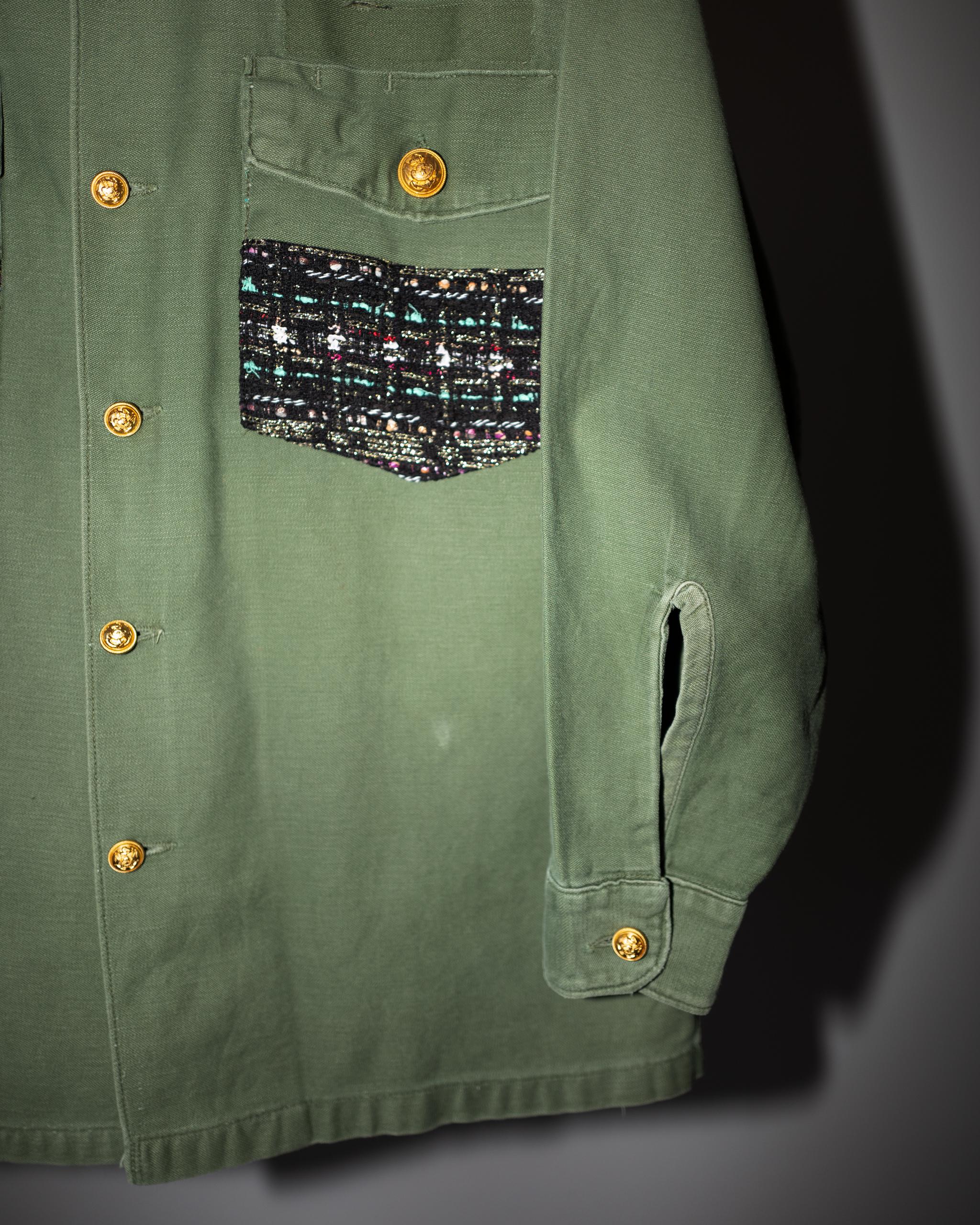 Women's Black Lurex Tweed Pastel Green Collar Vintage GreenMilitary Jacket Gold Buttons For Sale