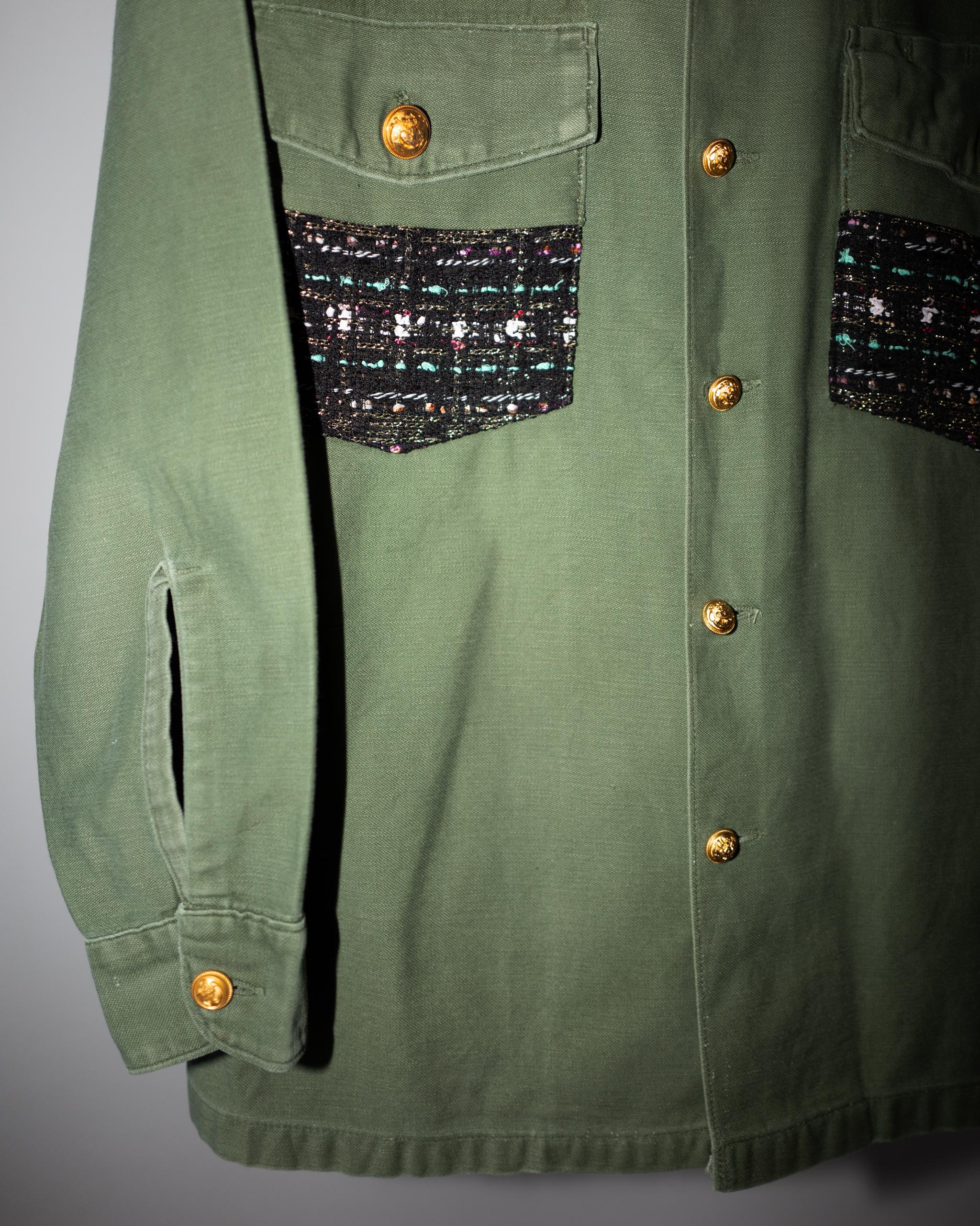 Black Lurex Tweed Pastel Green Collar Vintage GreenMilitary Jacket Gold Buttons 1