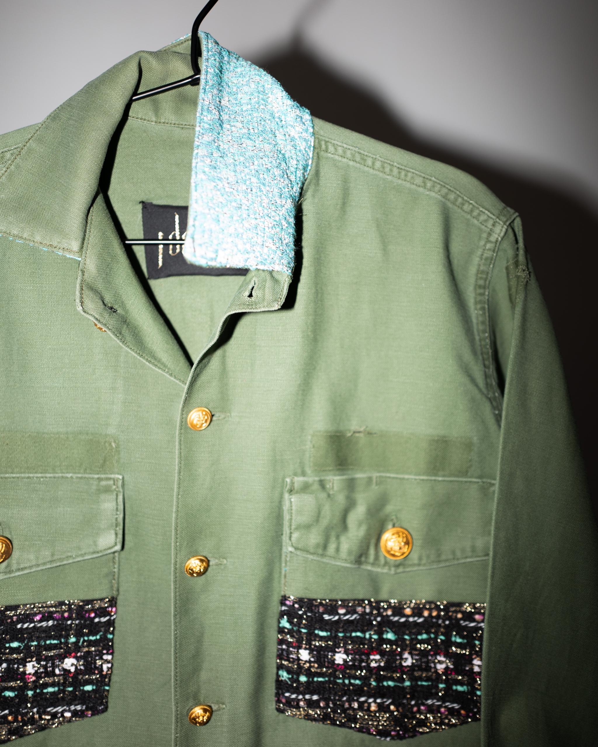 Black Lurex Tweed Pastel Green Collar Vintage GreenMilitary Jacket Gold Buttons For Sale 2