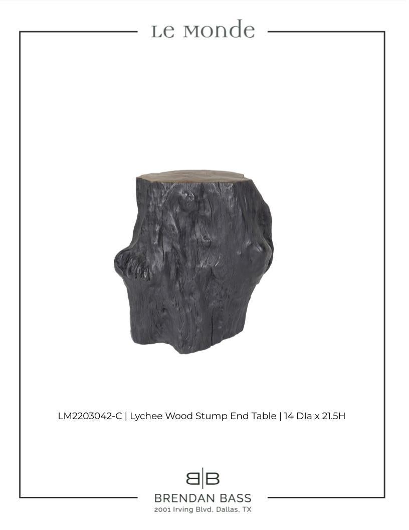 Contemporary Black Lychee Wood Stump End Table with Warm Top For Sale