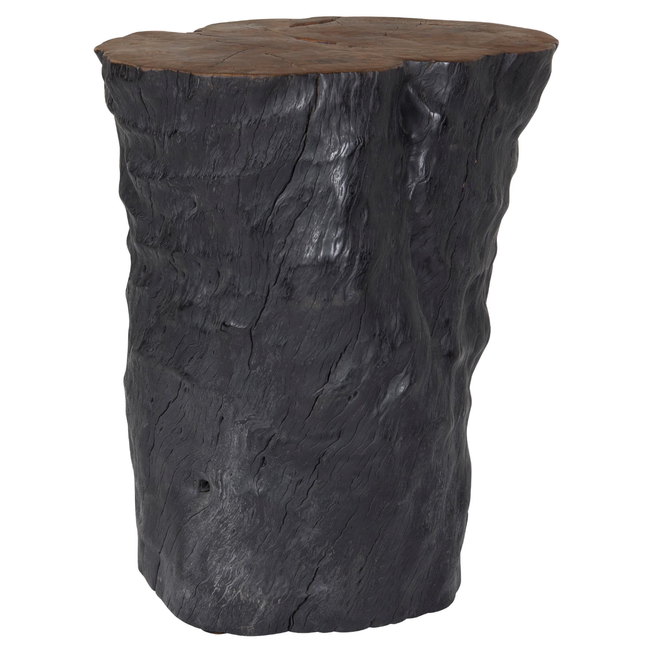Black Lychee Wood Stump End Table with Warm Top