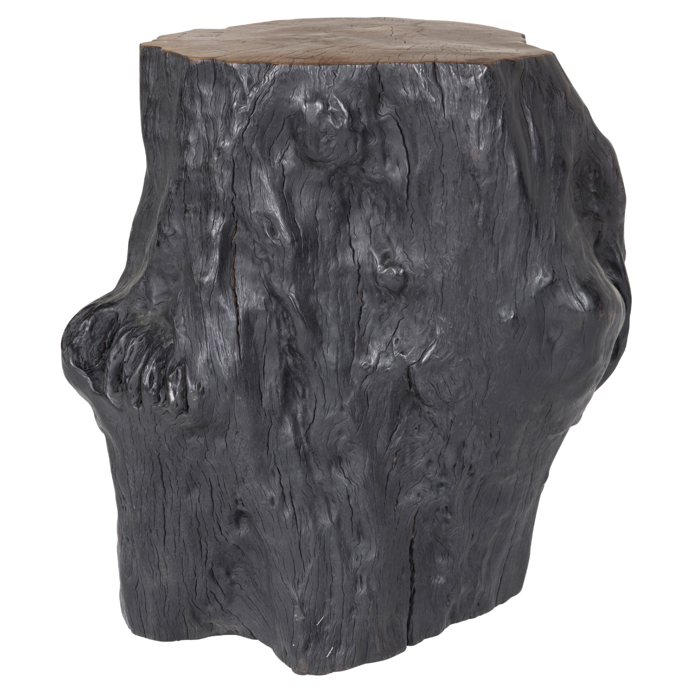 Black Lychee Wood Stump End Table with Warm Top For Sale