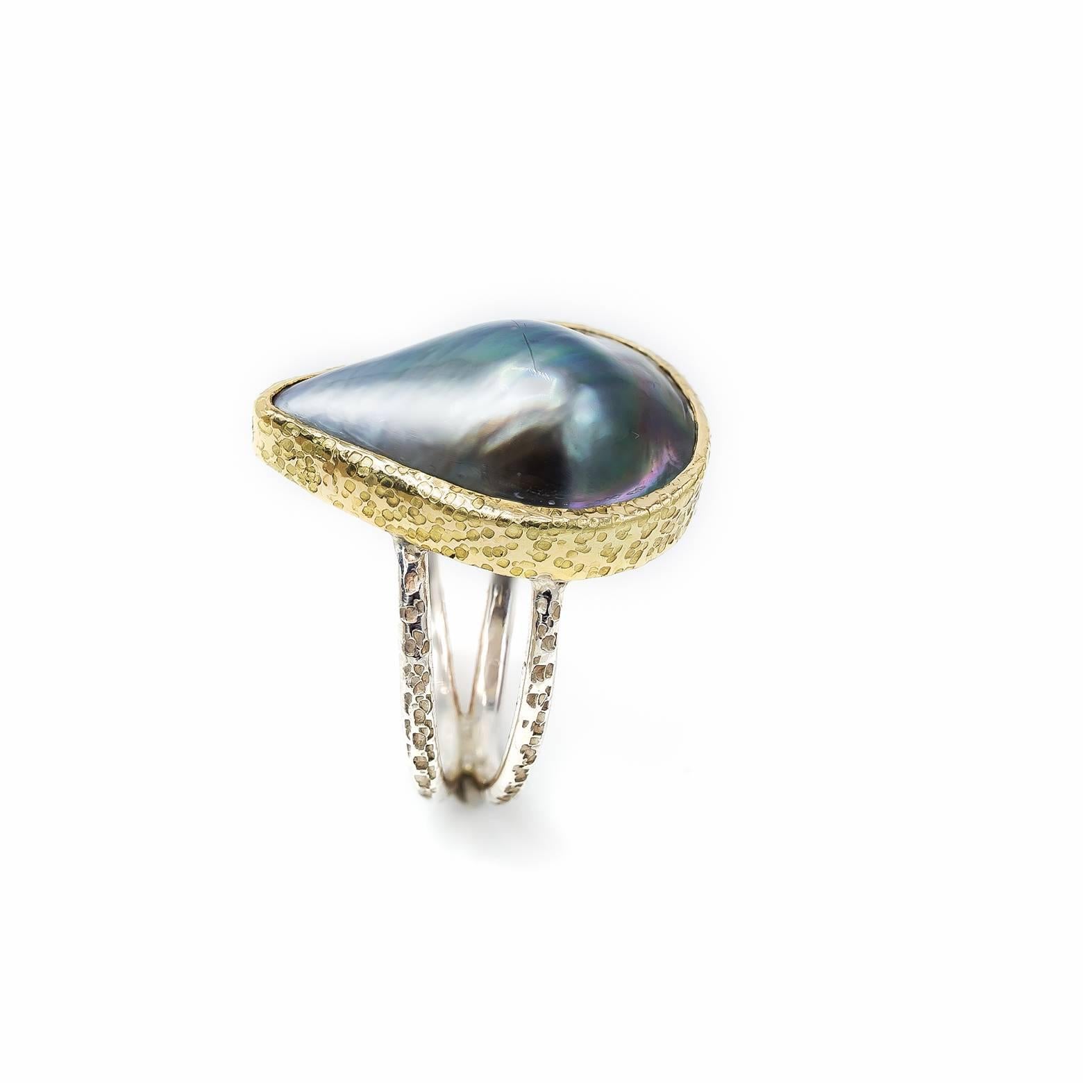 Cabochon Black Mabe Peal Ring Tear Shaped in Gold and Sterling Silver For Sale