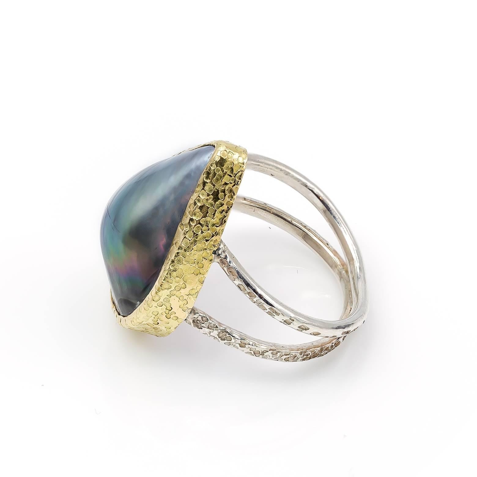 Modern Black Mabe Peal Ring Tear Shaped in Gold and Sterling Silver For Sale