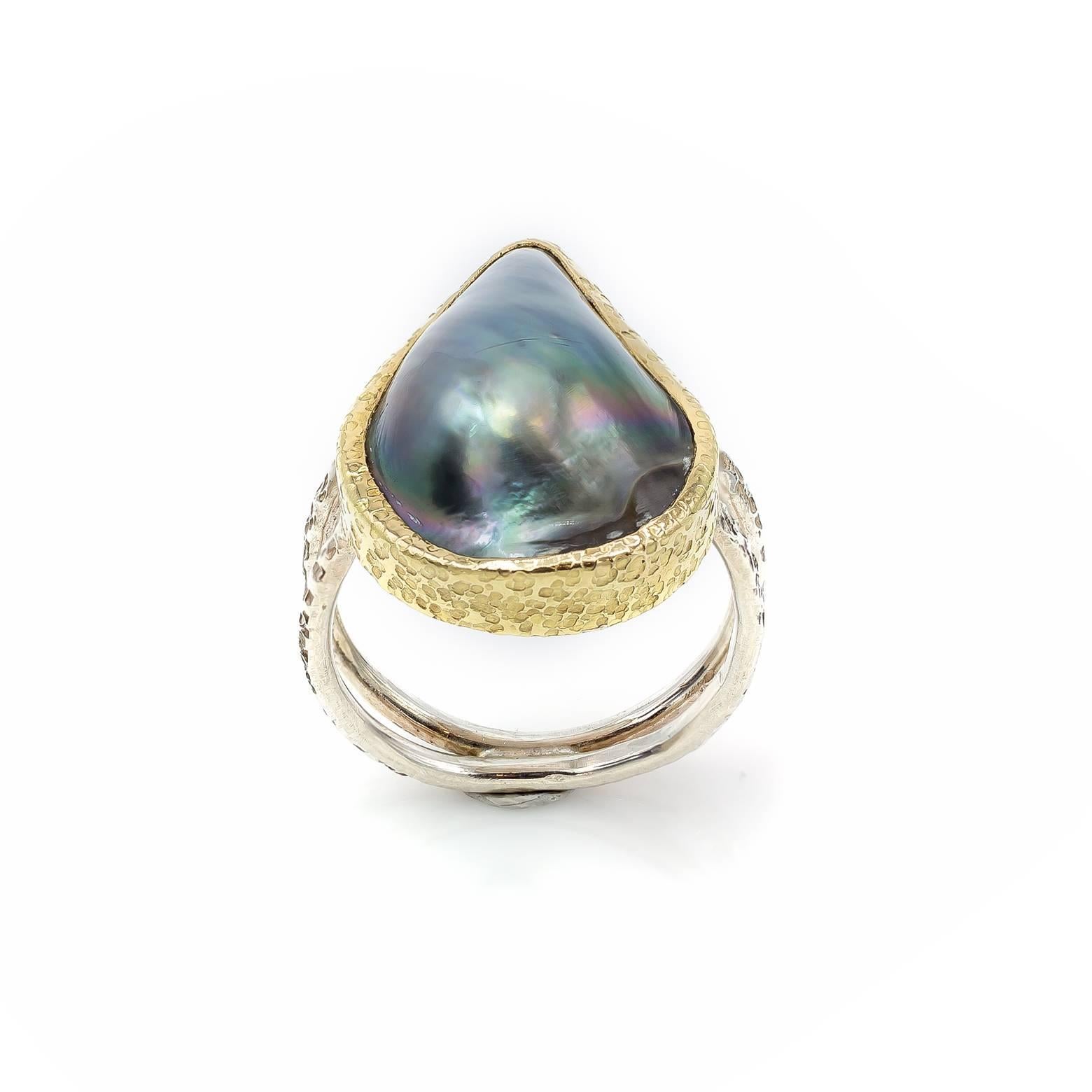 Women's Black Mabe Peal Ring Tear Shaped in Gold and Sterling Silver For Sale
