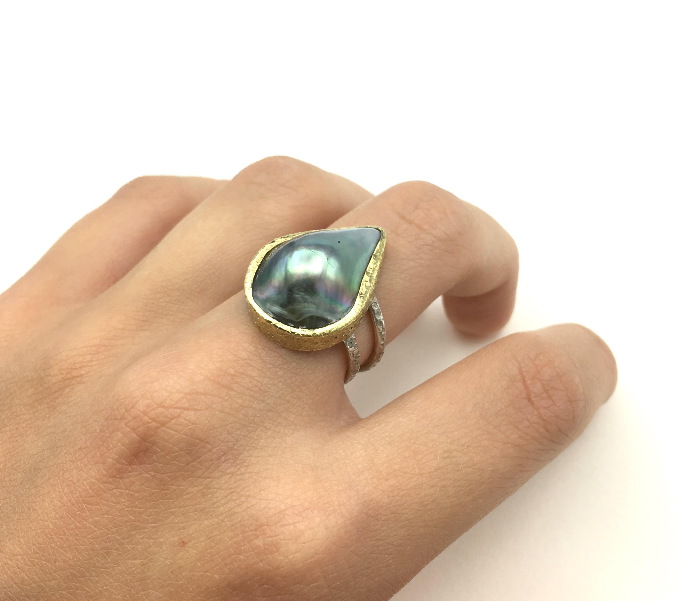 Black Mabe Peal Ring Tear Shaped in Gold and Sterling Silver For Sale 3