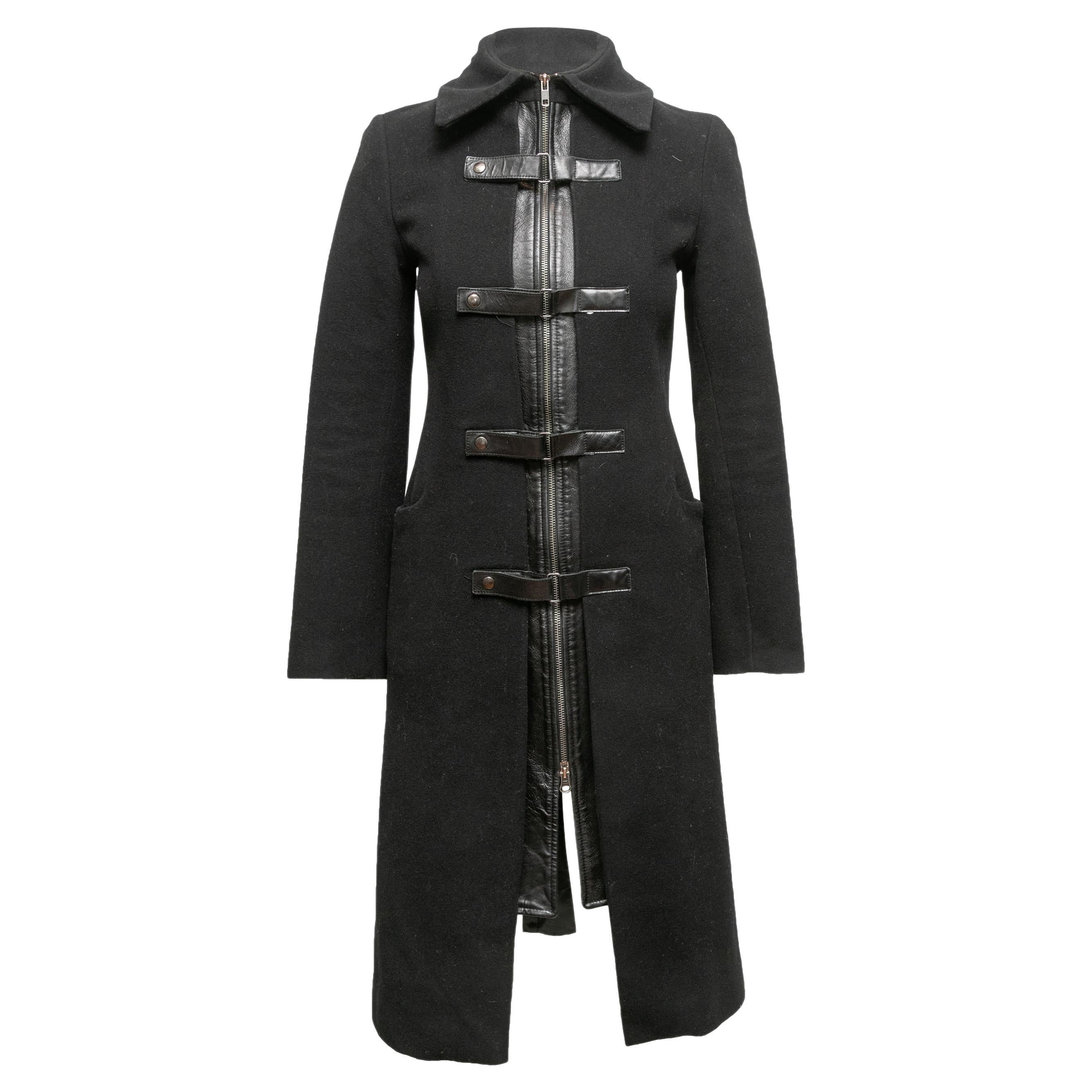 Schwarzer langer Mackage-Mantel mit Lederbesatz aus Wolle, Größe US XS im Angebot