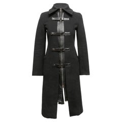 Schwarzer langer Mackage-Mantel mit Lederbesatz aus Wolle, Größe US XS