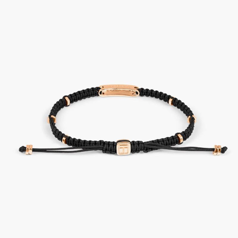Black Macramé Bracelet with Rose Gold Baton, Size XS

The engravable rose gold-coloured, sterling silver bar is paired with rose gold-coloured disc elements added around the bracelet to give little flashes of light throughout the design. Our