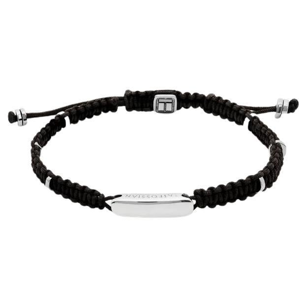 Schwarzes schwarzes Macram-Armband mit silbernem Baton, Größe S im Angebot