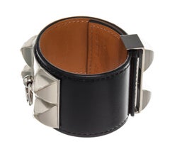 Black Madame calfskin leather Hermes Collier de Chien with Medor studs and ring