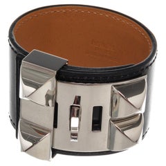 Black Madame calfskin leather Hermes Collier de Chien with Medor studs and ring