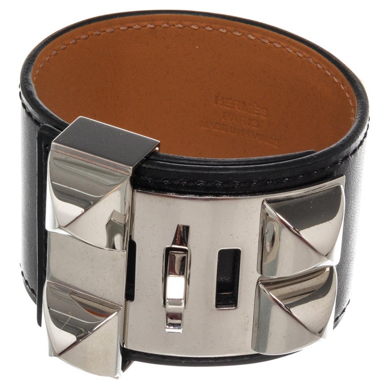 Black Madame calfskin leather Hermes Collier de Chien with Medor studs and  ring at 1stDibs