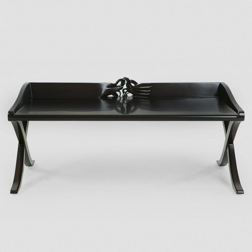 Hand-Carved Black Mahogany Tray in Black Lacquered Finish For Sale