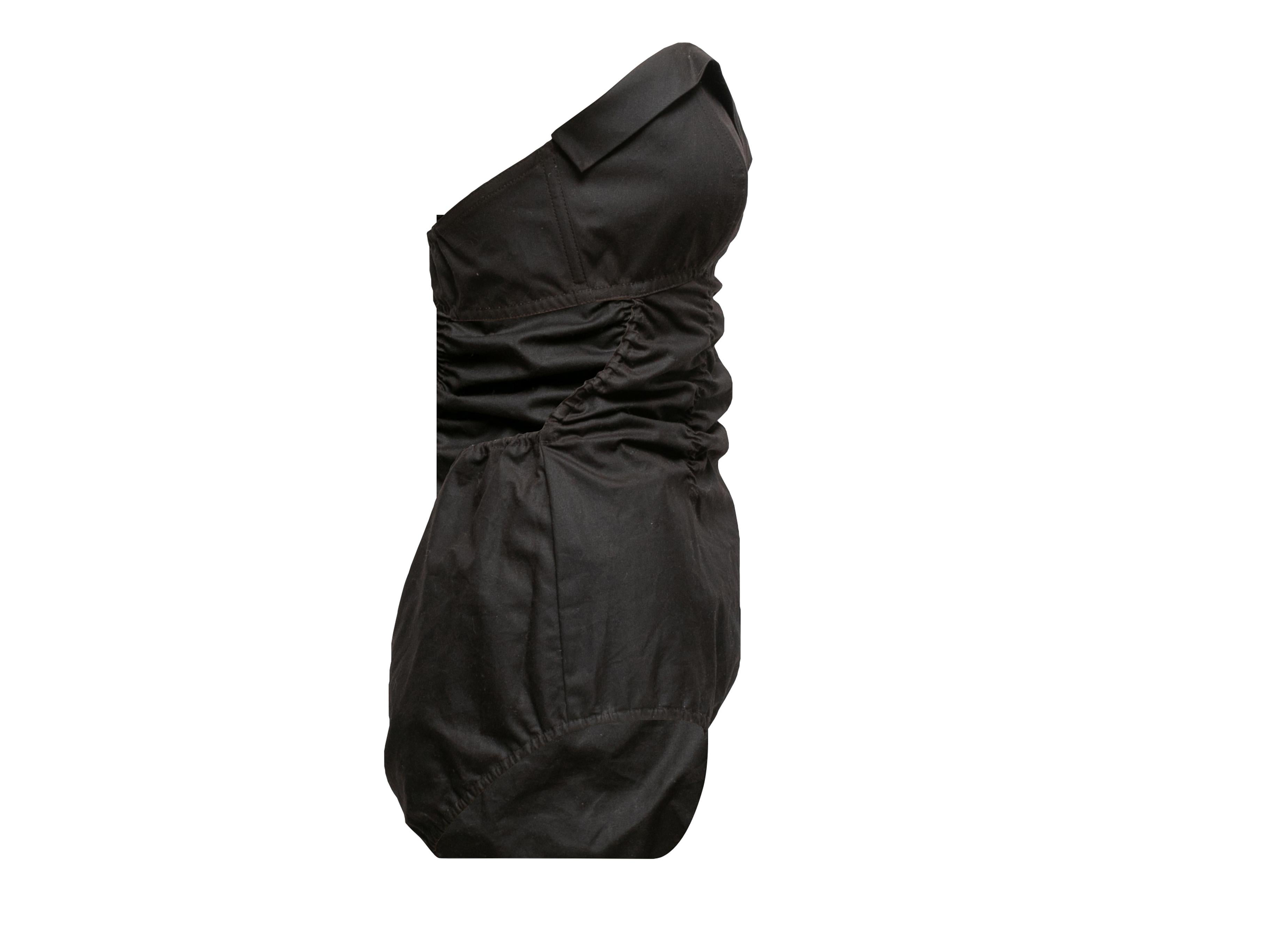 Black strapless ruched bodysuit by Maison Margiela. Sweetheart neckline. Open back. Side zip closure. 31