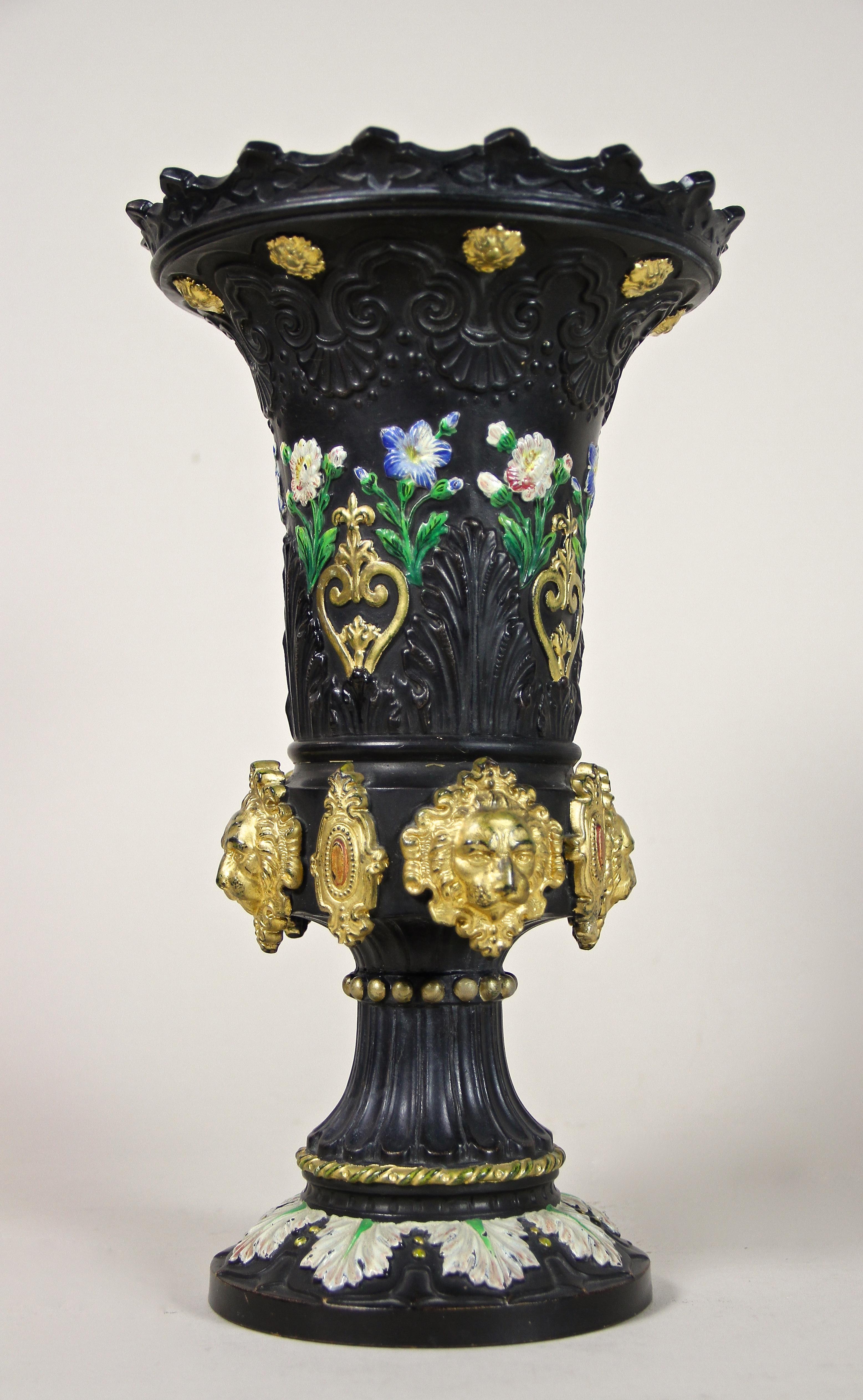 Black Majolica Vase With Gilt Lion Heads by WS & S, Bohemia, circa 1875 2